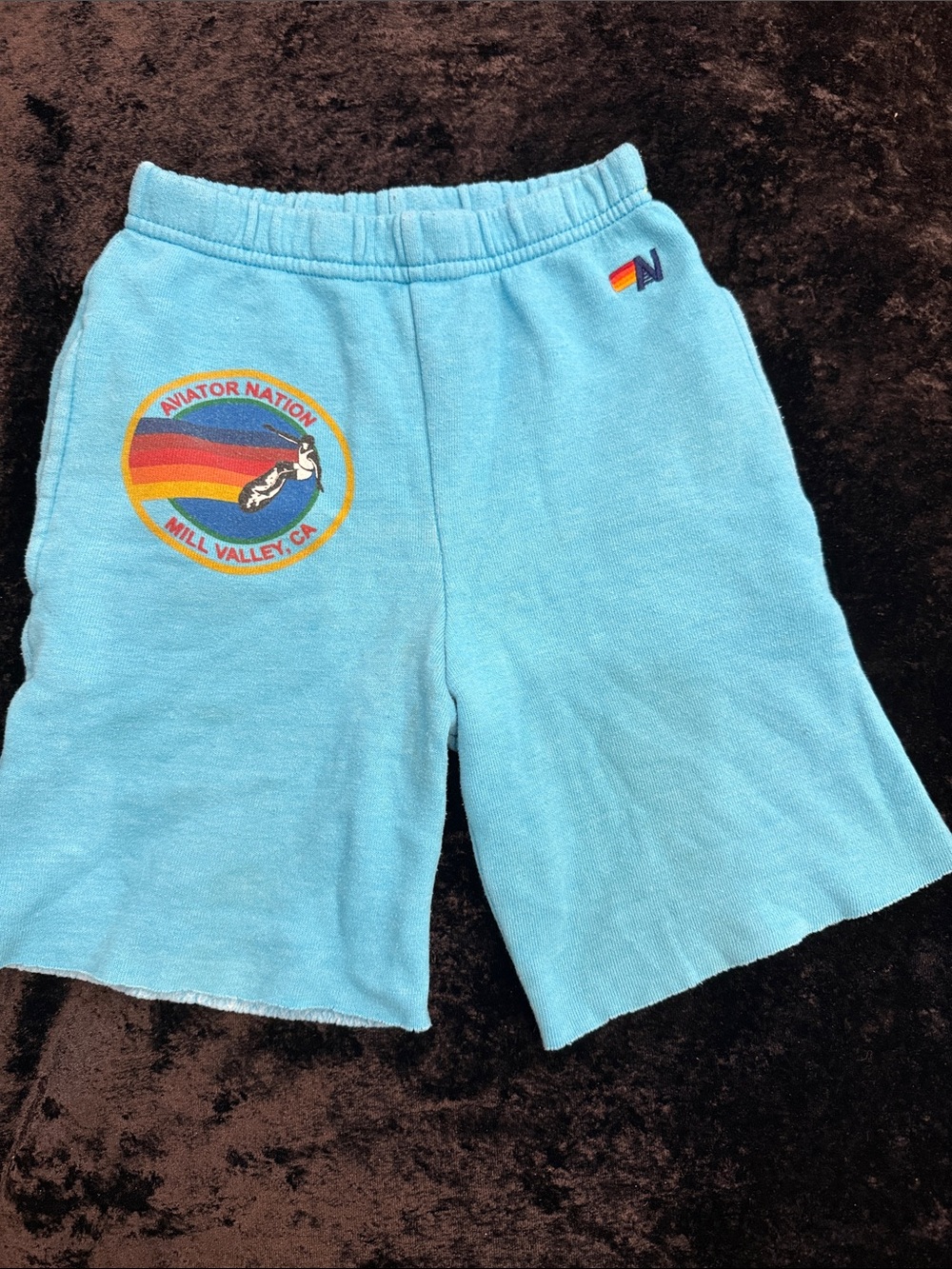Aviator Nation Kids Sky Blue Terry Shorts with Rainbow Patch